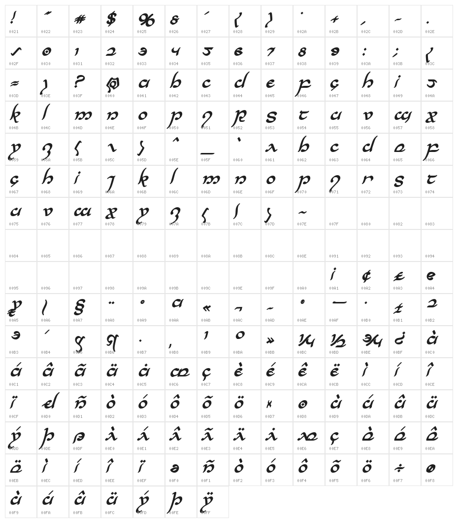 Half-Elven Bold Italic Character Map