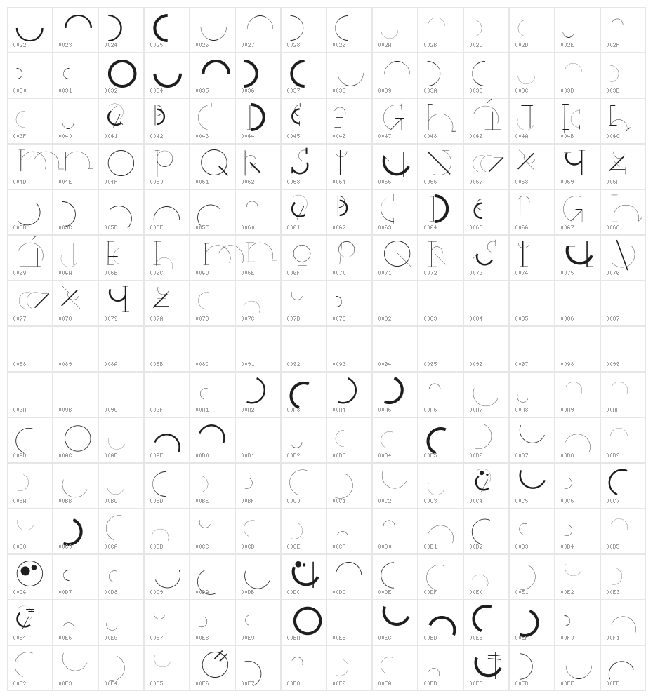 HalfCircleAlphabetXP Character Map