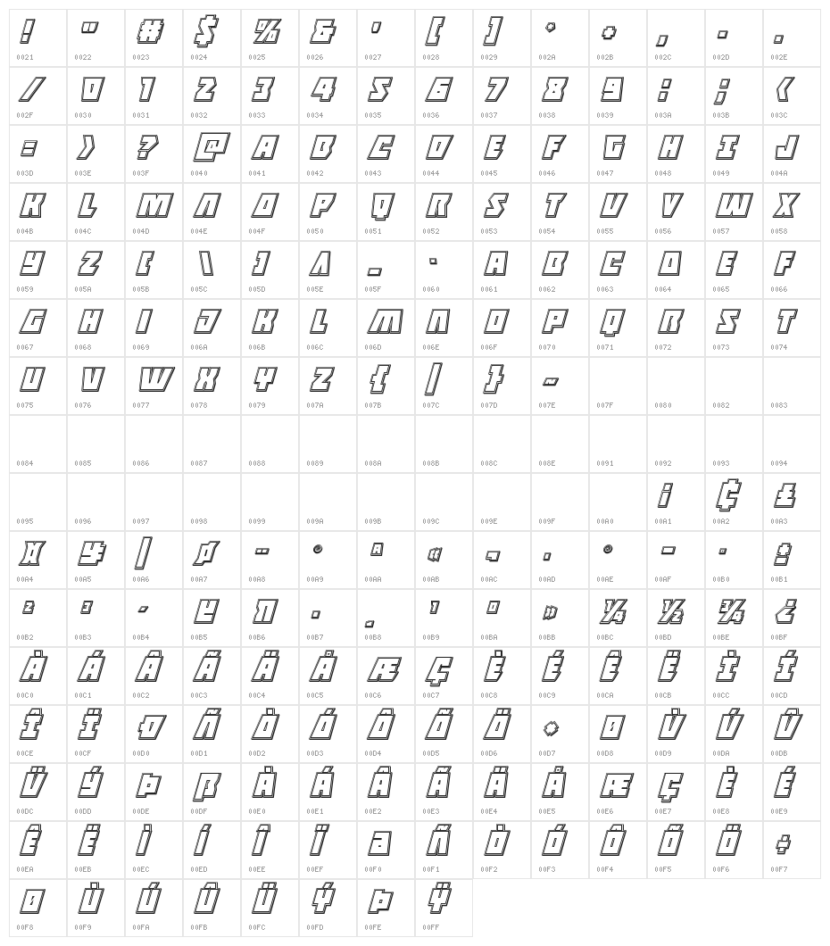 Halfshell Hero Engraved Italic Character Map