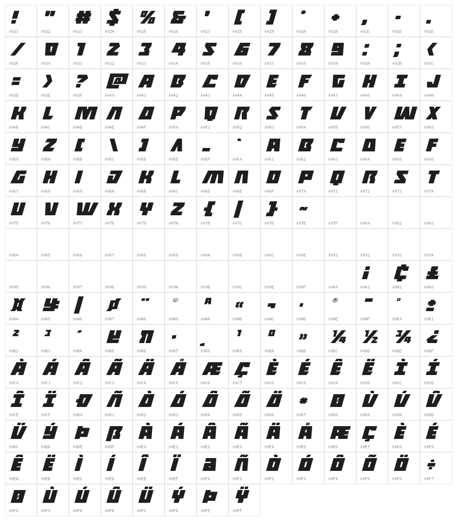 Halfshell Hero Expanded Italic Character Map
