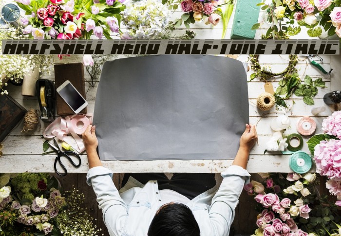 Halfshell Hero Half-Tone Italic Font examples