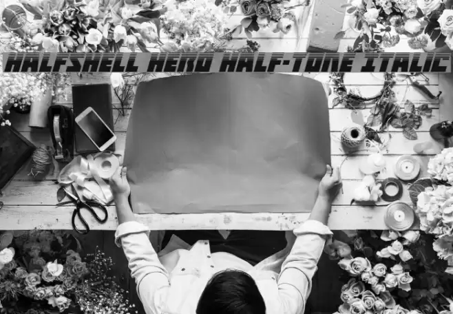Halfshell Hero Half-Tone Italic Fuentes examples