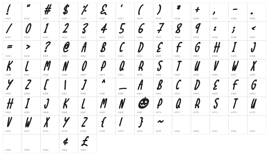 Halloween Treats Italic Character Map