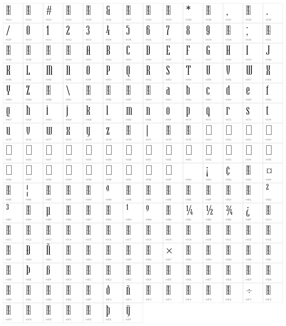 Hamerslag DEMO Character Map