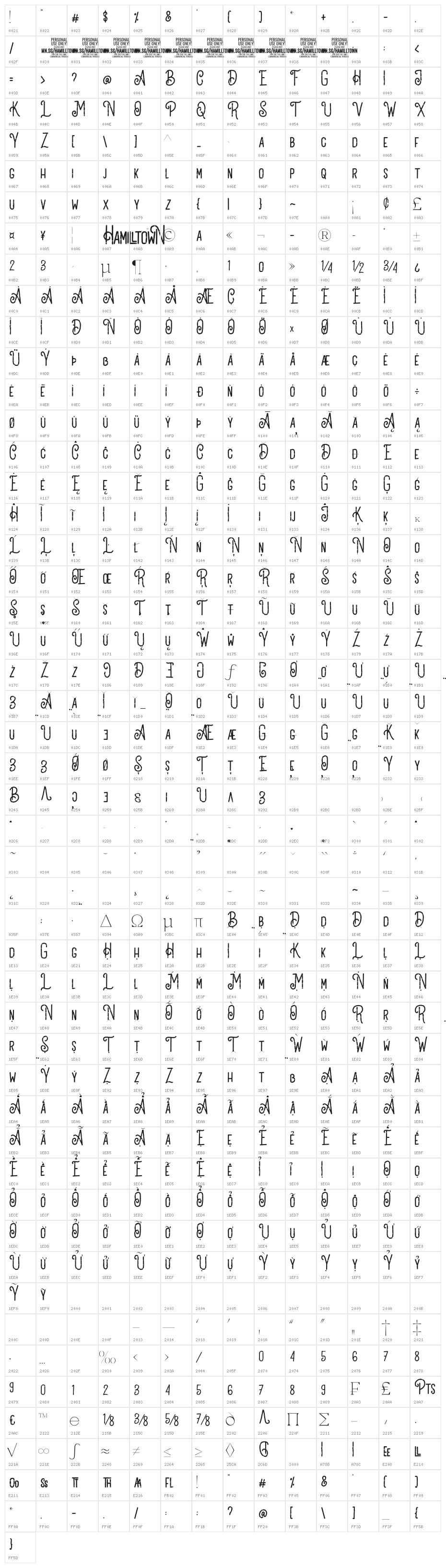 Hamilltown PERSONAL USE Regular Character Map