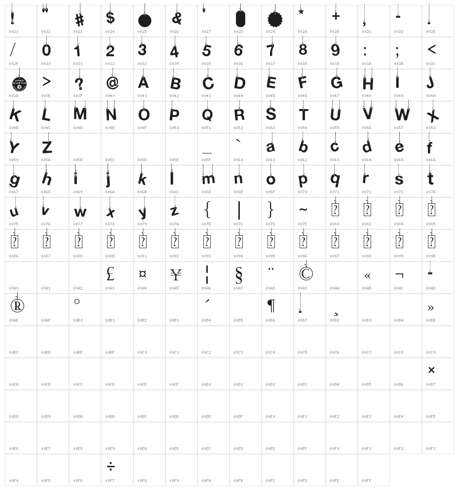 Hanging Letters Character Map