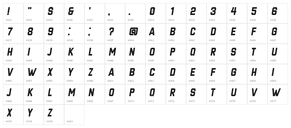 Hangout Italic Character Map