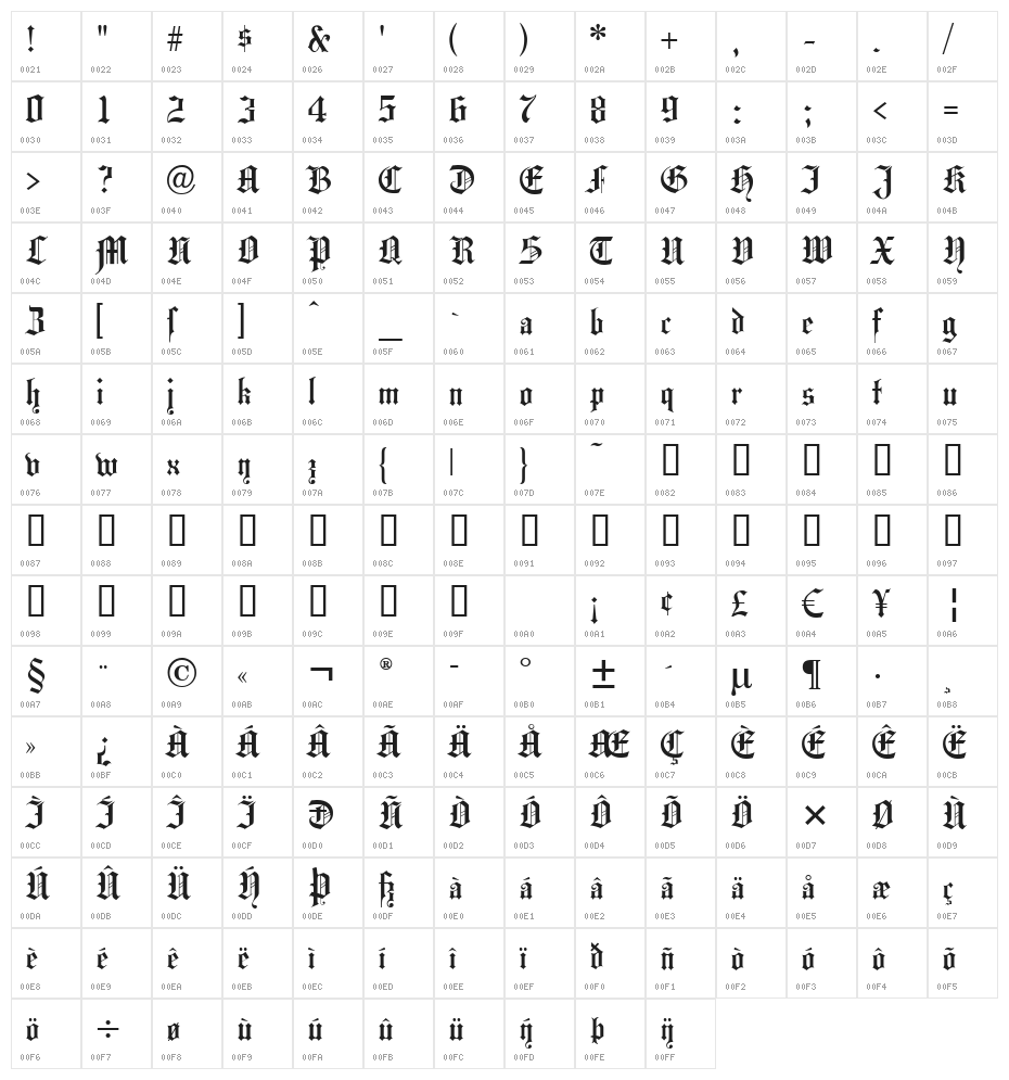 Hansa Gotisch UNZ1L Italic Character Map