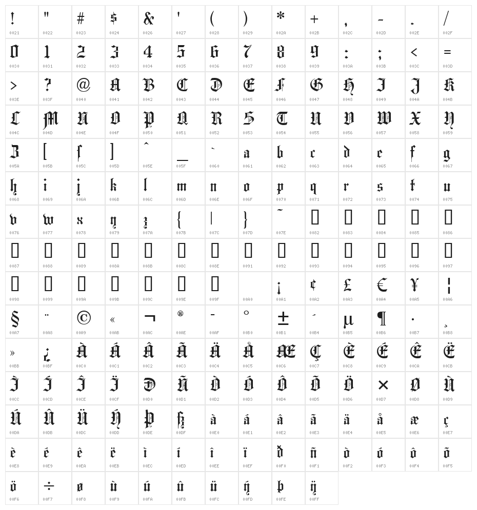 Hansa Gotisch UNZ1L Character Map