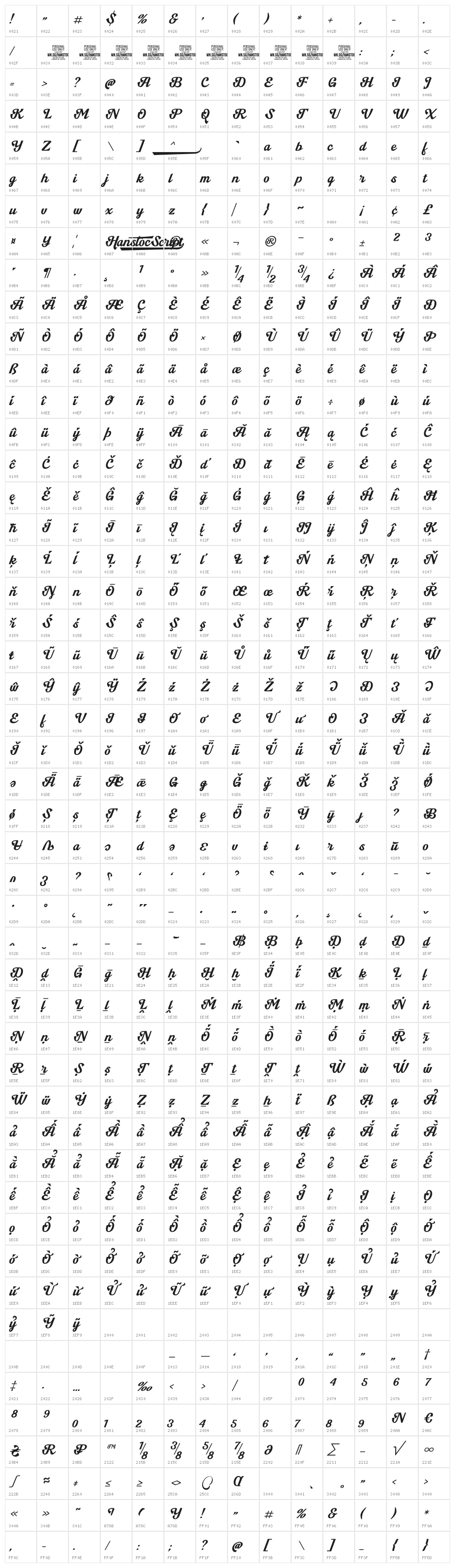 Hanstoc Script PERSONAL USE Regular Character Map