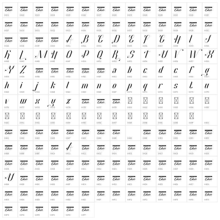 Hardenburg Demo Italic Character Map