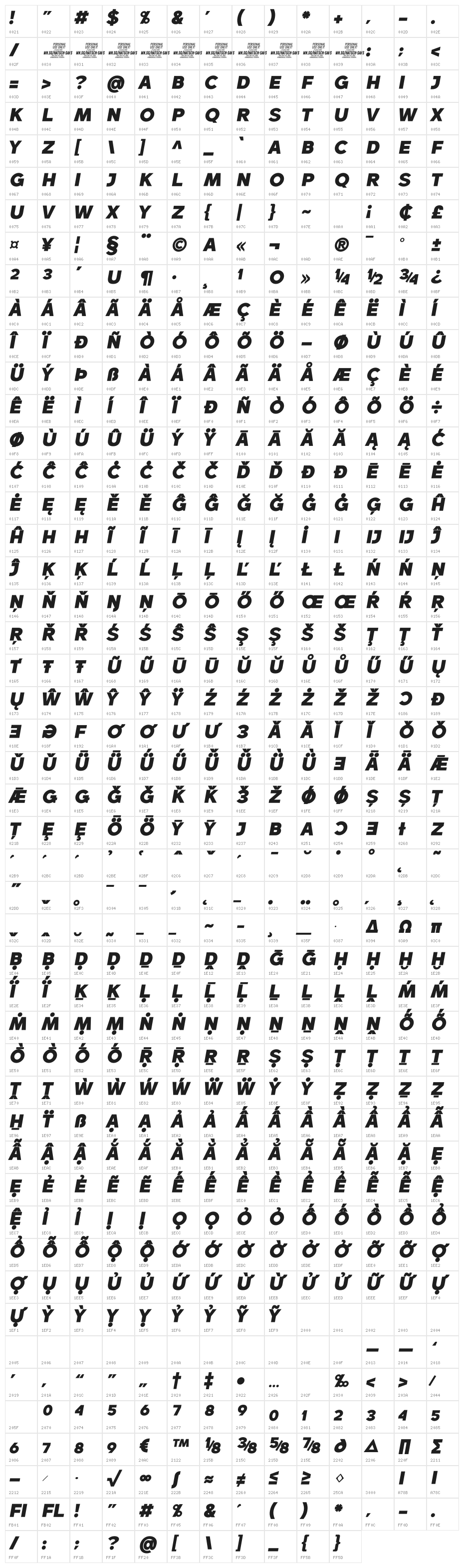 Hatsch Sans PERSONAL USE ONLY Italic Character Map