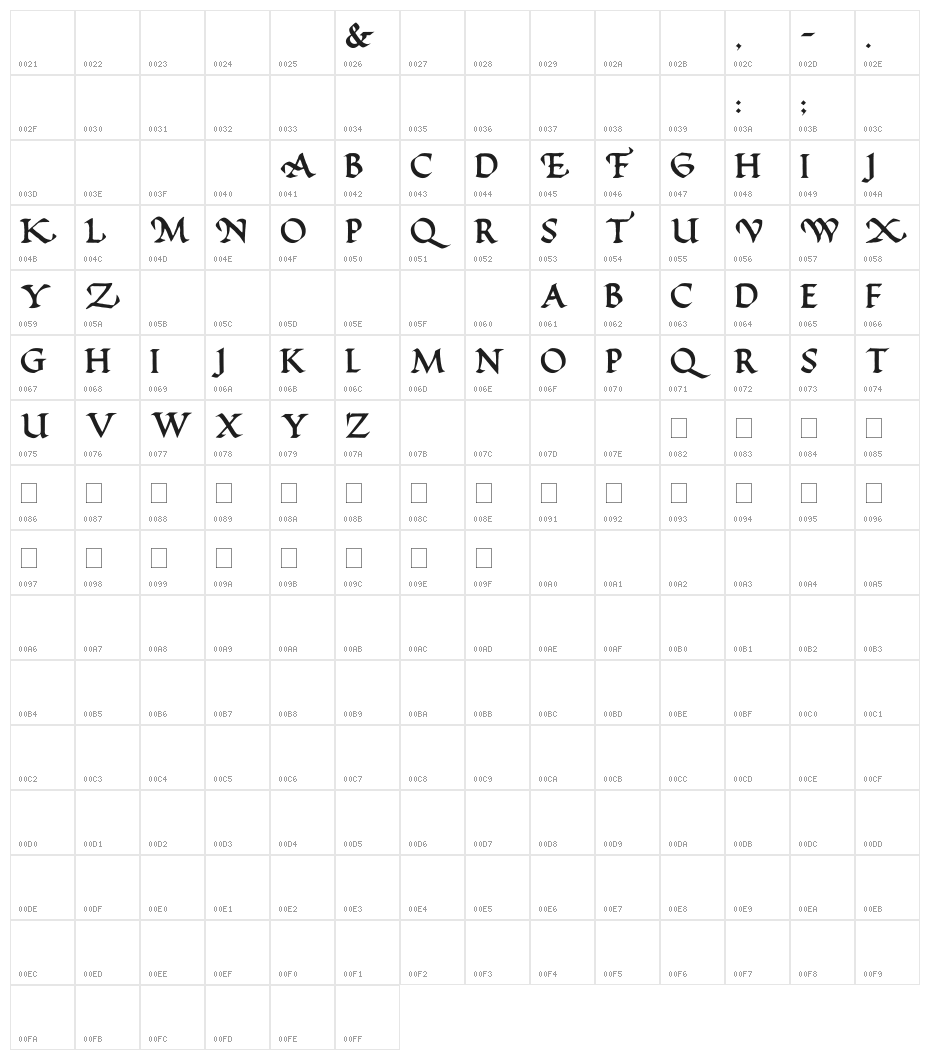 Hayes Broad Pen Caps Character Map