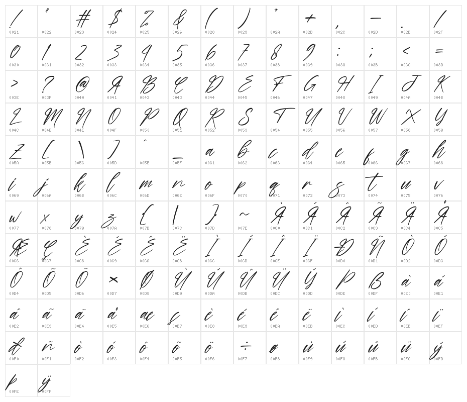 hand script Italic Character Map