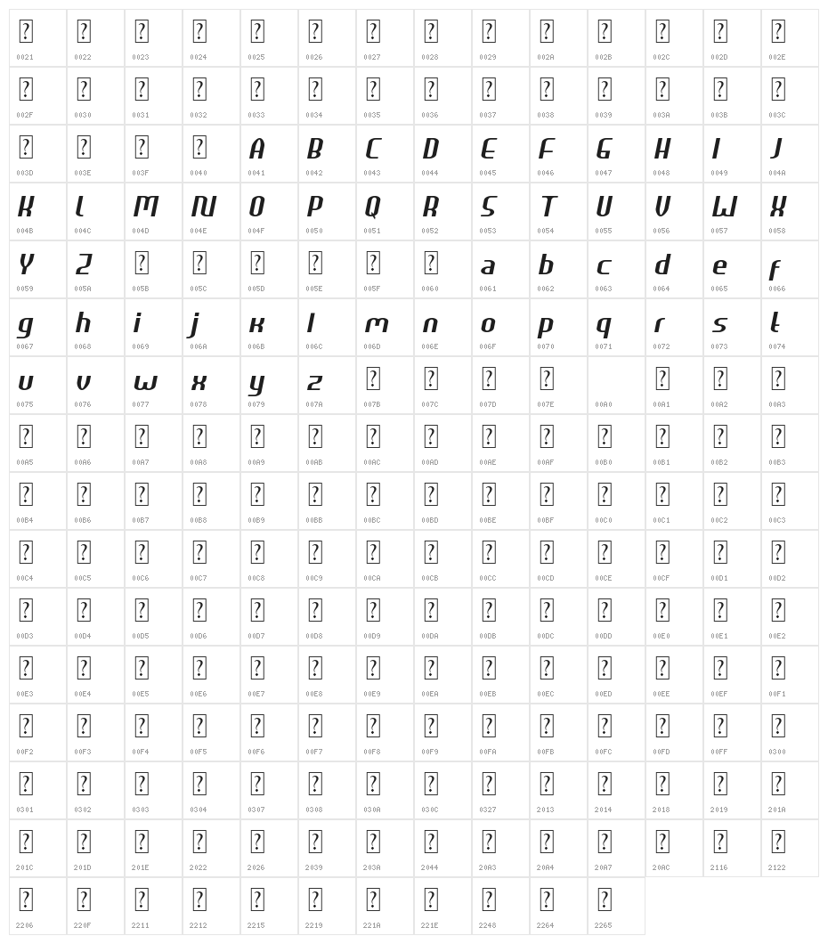 HEAVYwood Italic Character Map