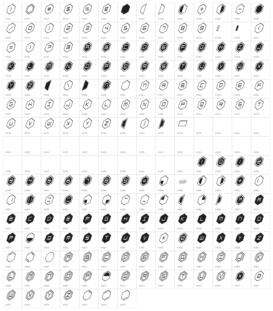HEX:gon Condensed Italic Character Map
