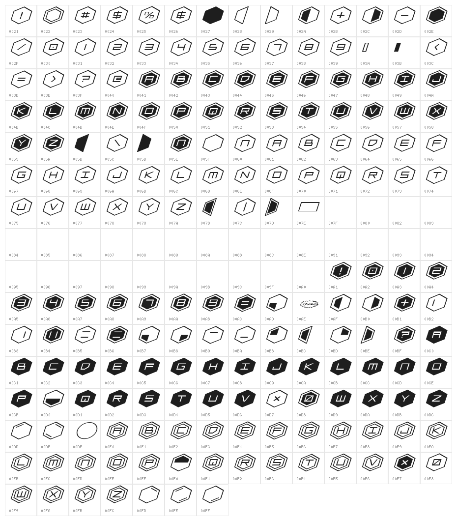 HEX:gon Expanded Italic Character Map