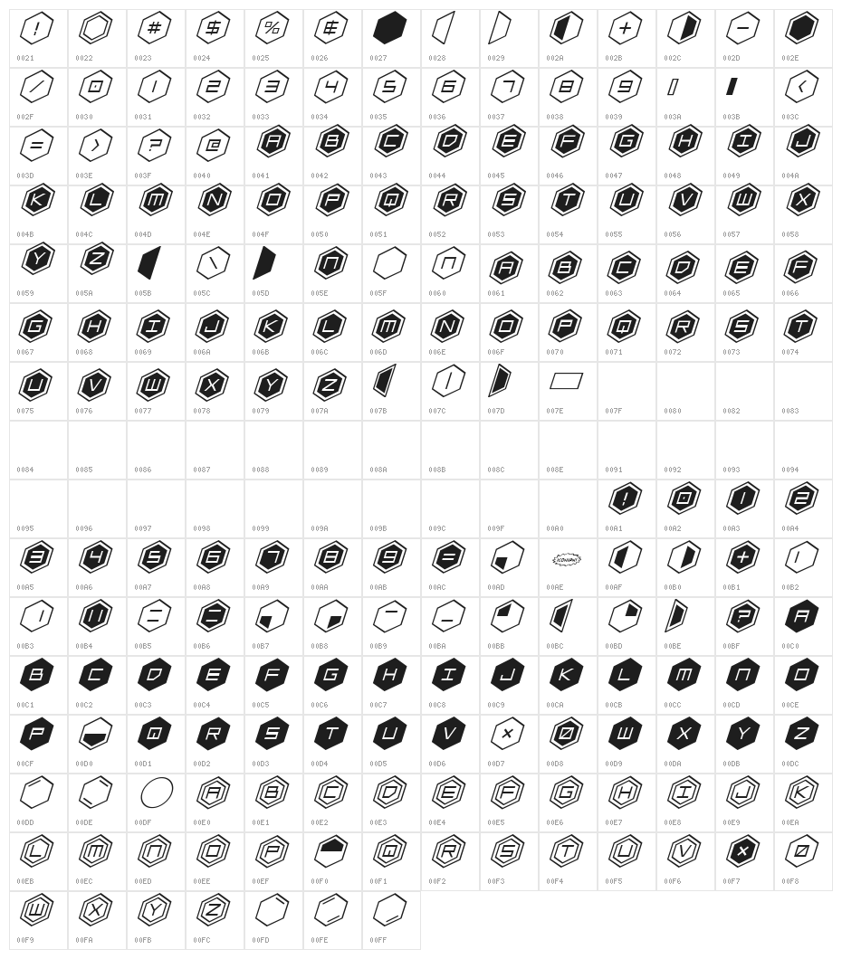 HEX:gon Staggered 2 Italic Character Map