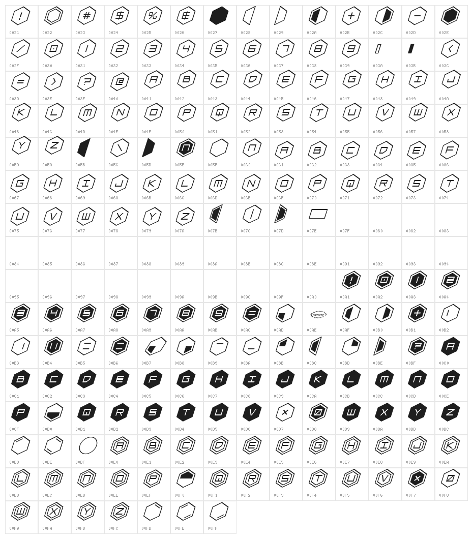 HEX:gon Staggered Italic Character Map