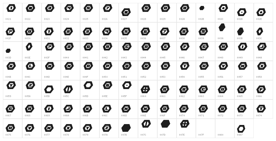 HeXkEy Expanded Italic Character Map