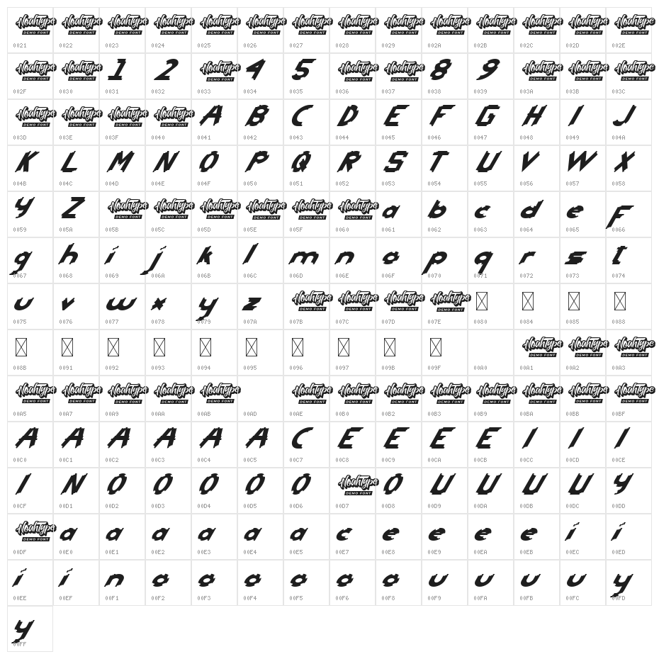 Head Kick Demo Italic Character Map