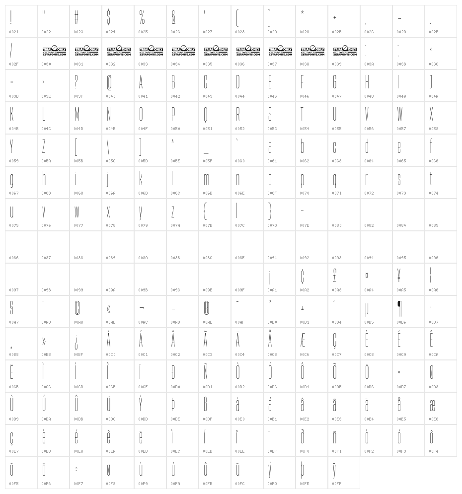 Heading Now Trial 11 Thin Character Map