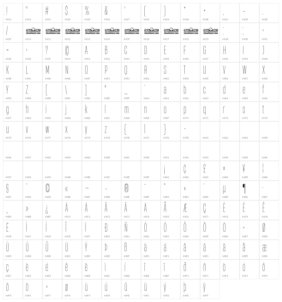 Heading Now Trial 21 Thin Character Map