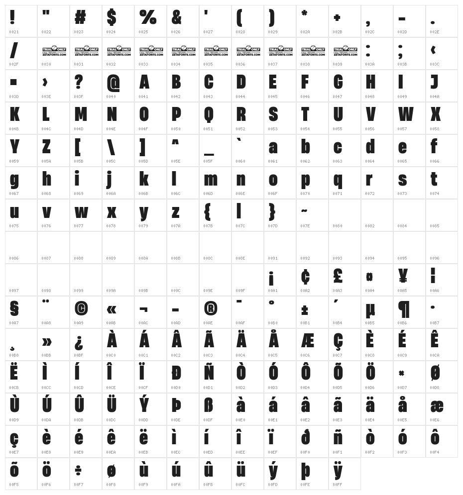 Heading Now Trial 58 Heavy Character Map