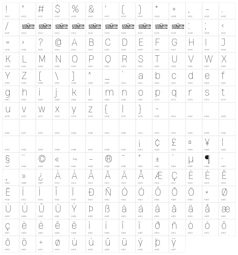 Heading Now Trial 61 Thin Character Map