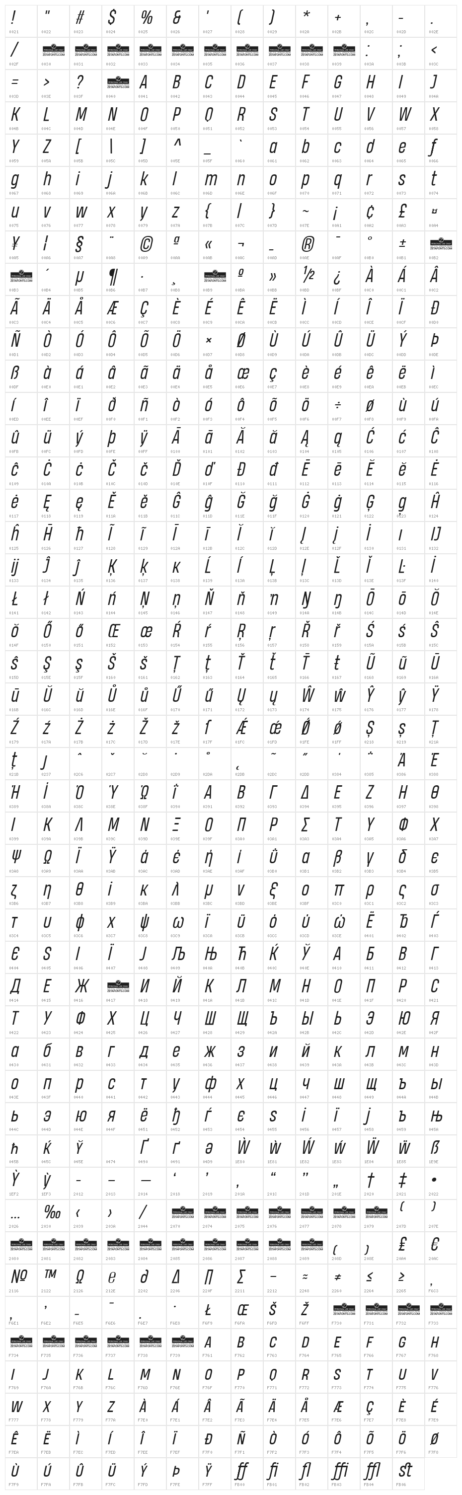 Heading Pro Trial Book Italic Character Map