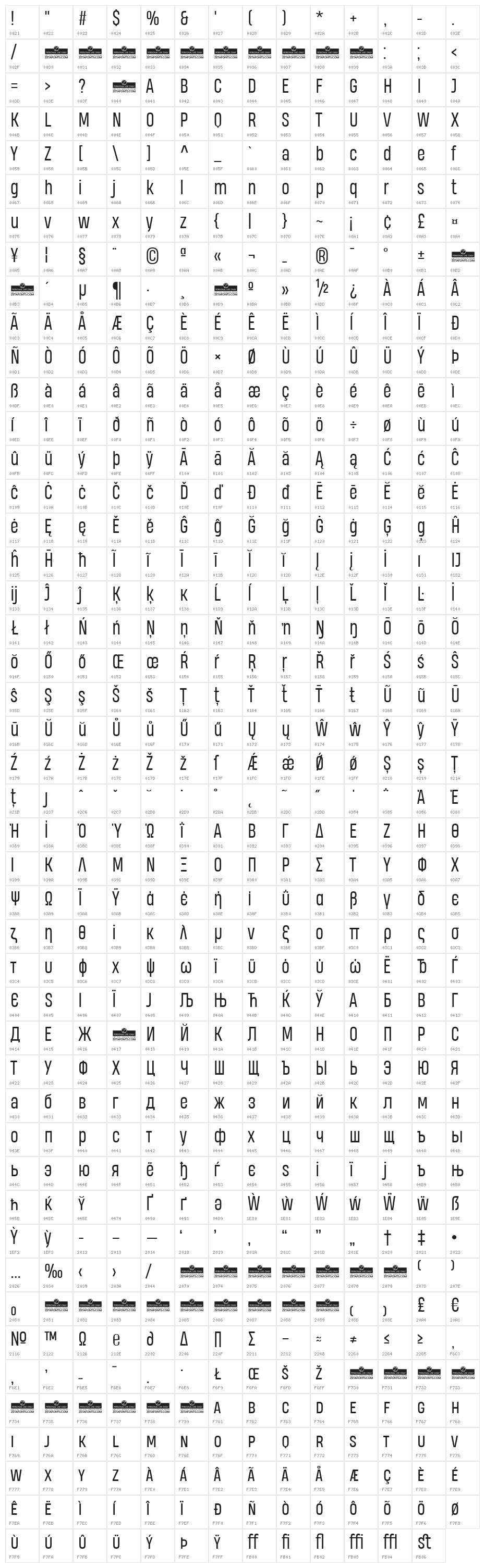 Heading Pro Trial Book Character Map