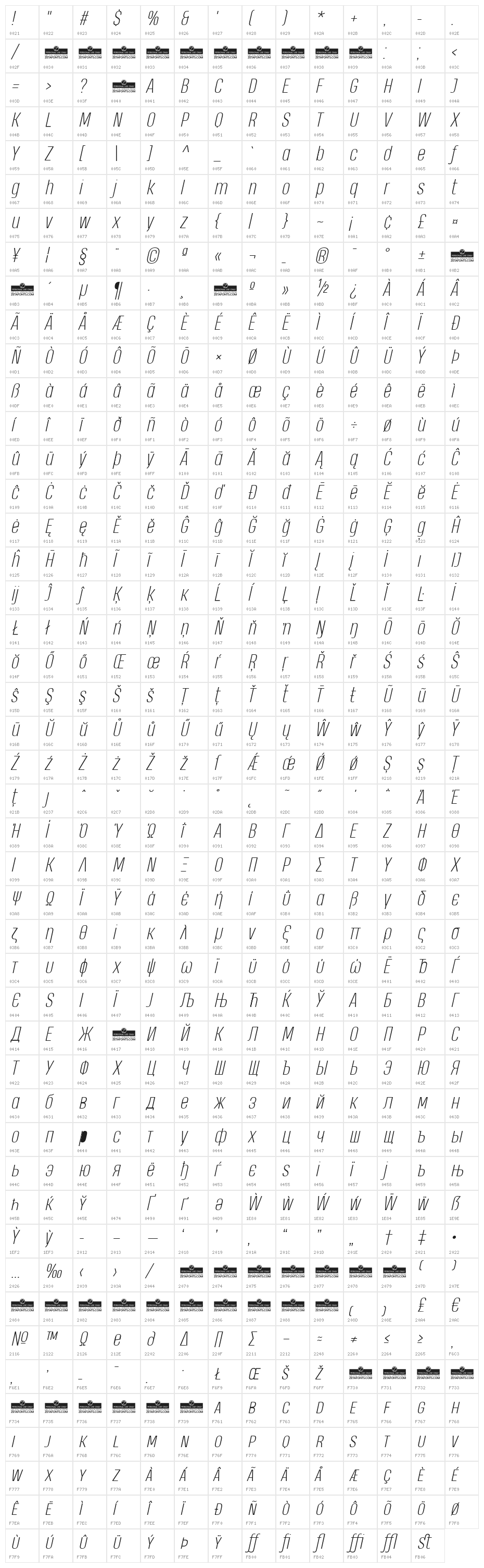 Heading Pro Trial ExtraLight Italic Character Map