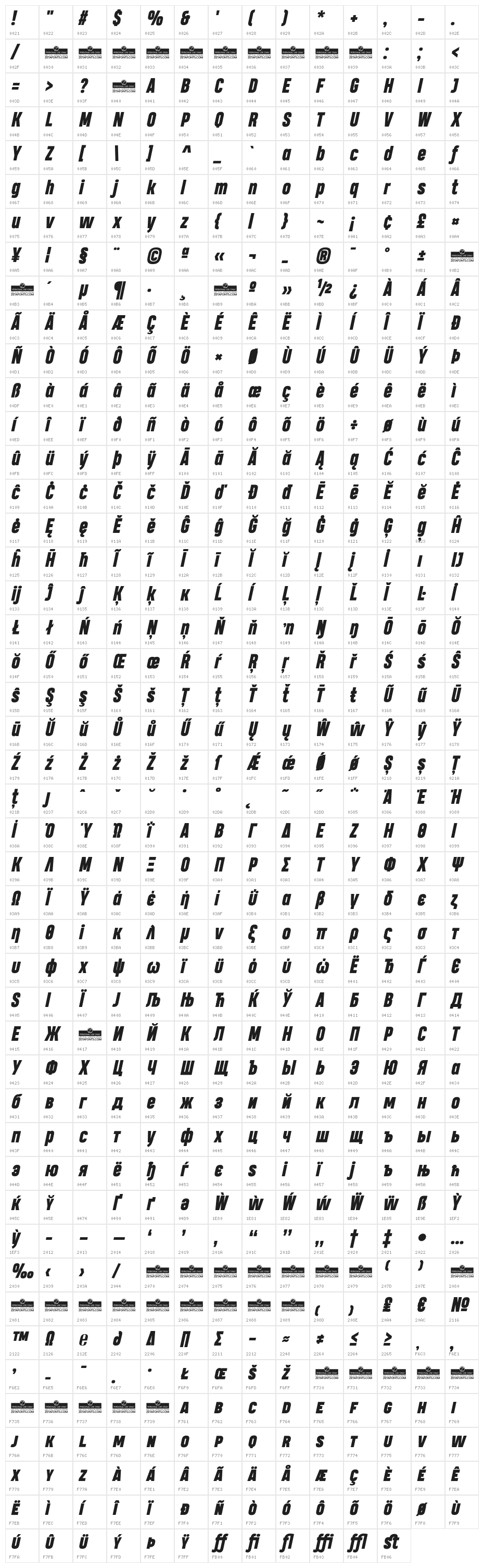 Heading Pro Trial Heavy Italic Character Map