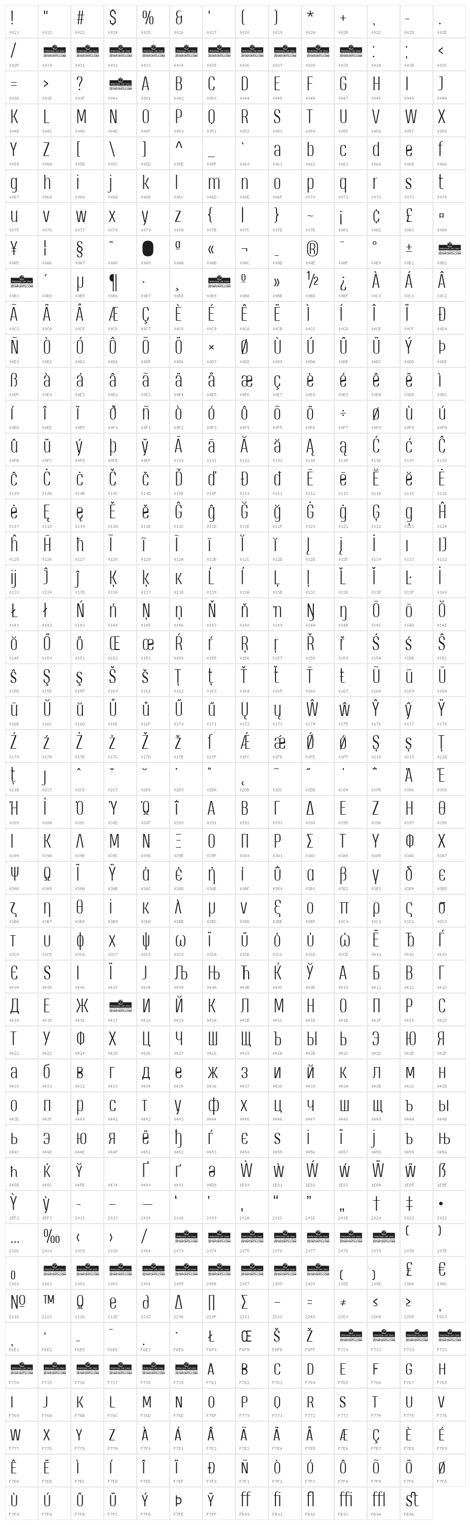 Heading Pro Trial Light Character Map
