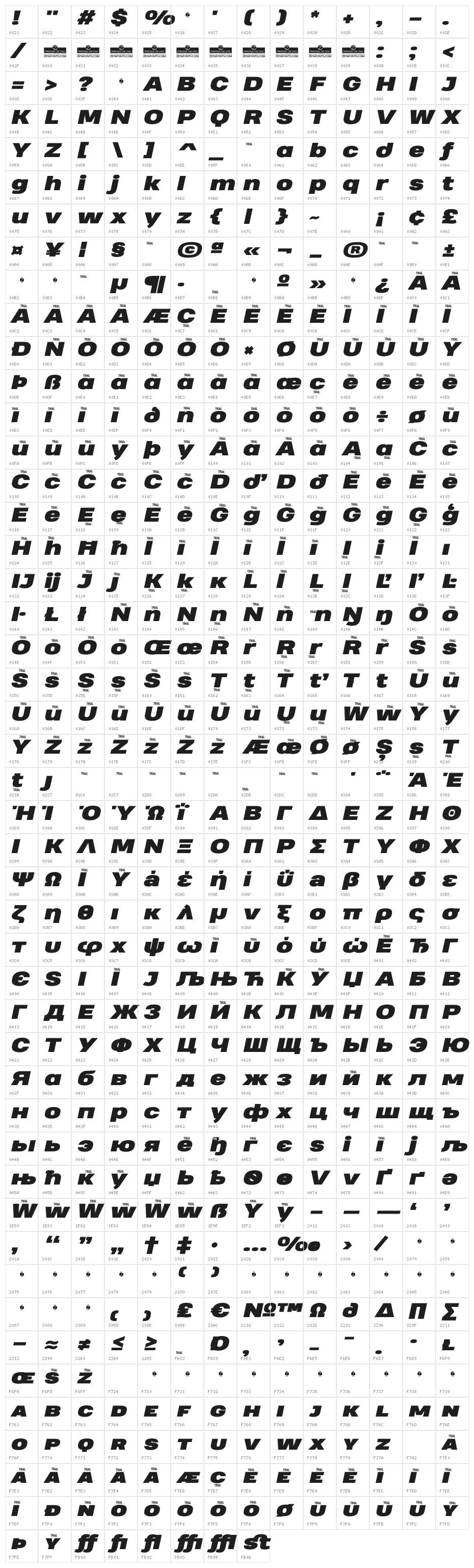 Heading Pro Wide Trial Black Italic Character Map