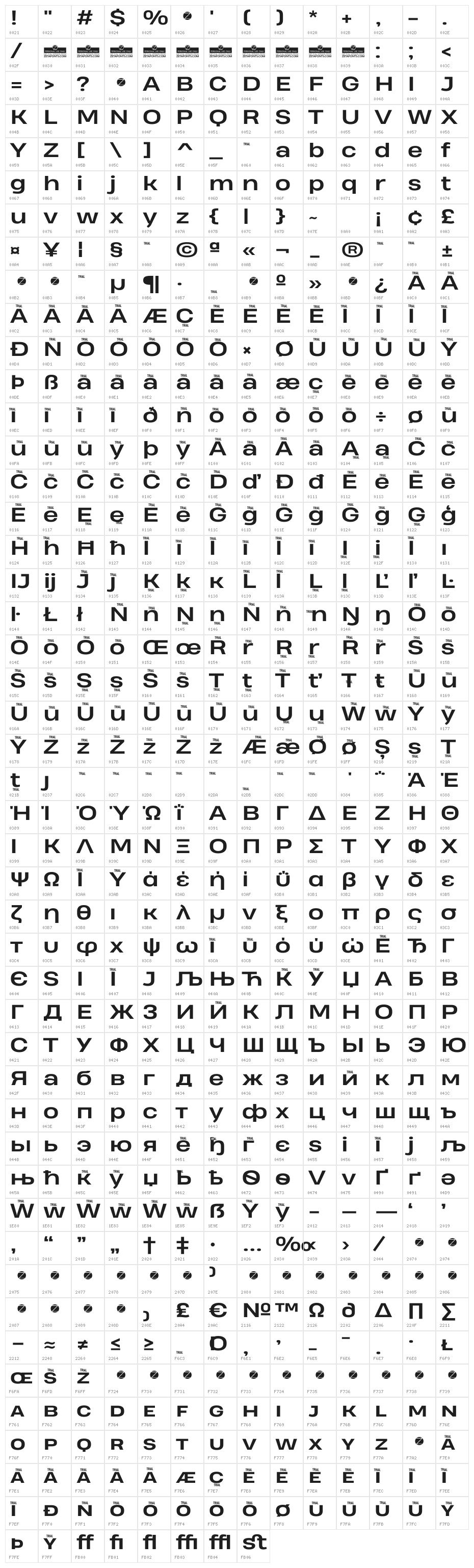 Heading Pro Wide Trial Bold Character Map