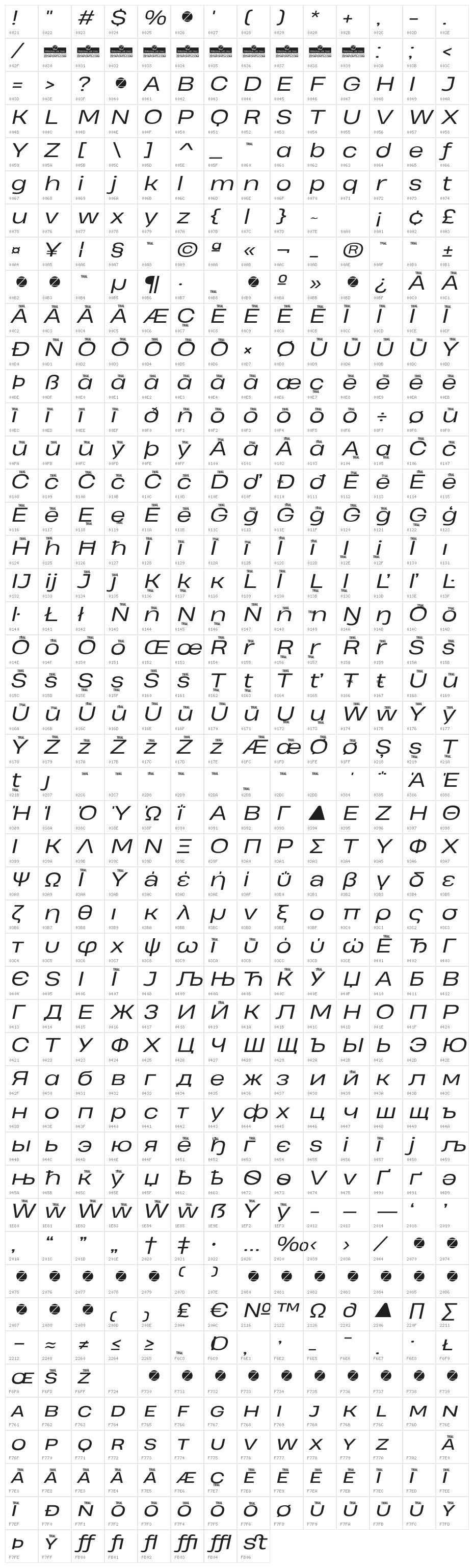 Heading Pro Wide Trial Book Italic Character Map