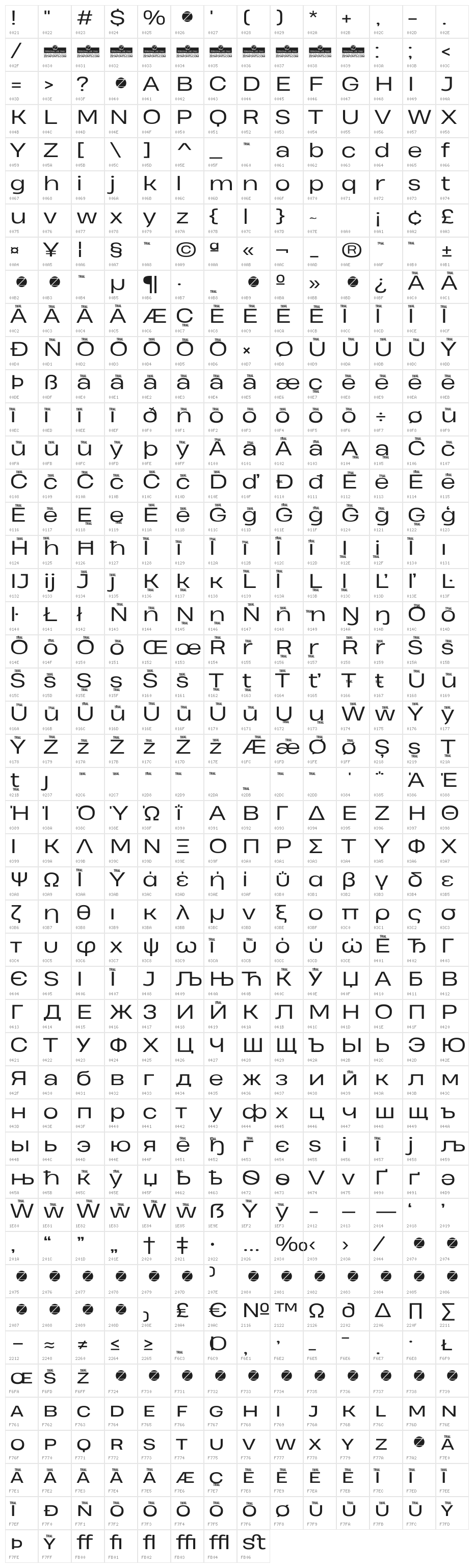 Heading Pro Wide Trial Book Character Map