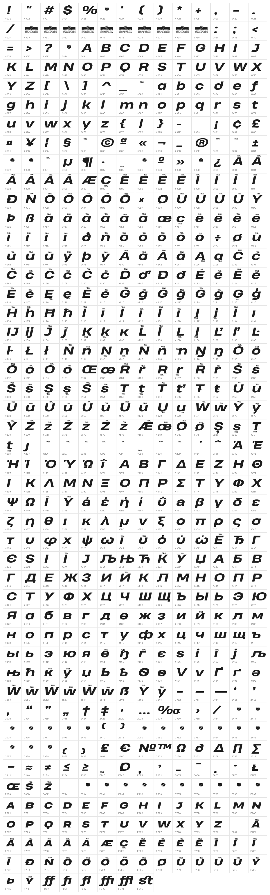 Heading Pro Wide Trial ExtraBold Italic Character Map