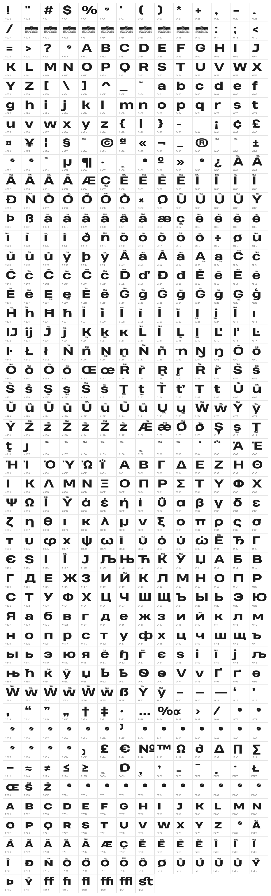 Heading Pro Wide Trial ExtraBold Character Map