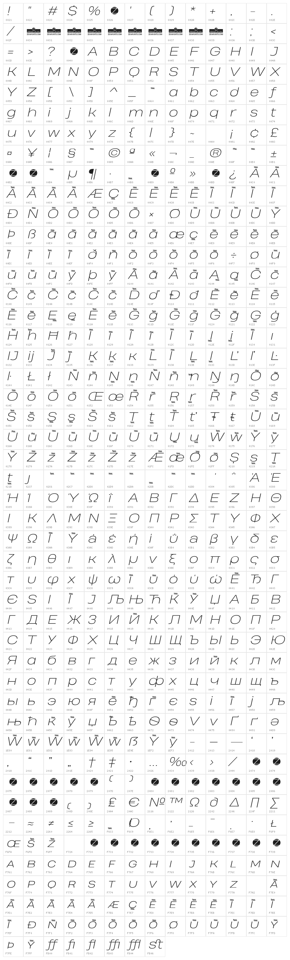 Heading Pro Wide Trial ExtraLight Italic Character Map