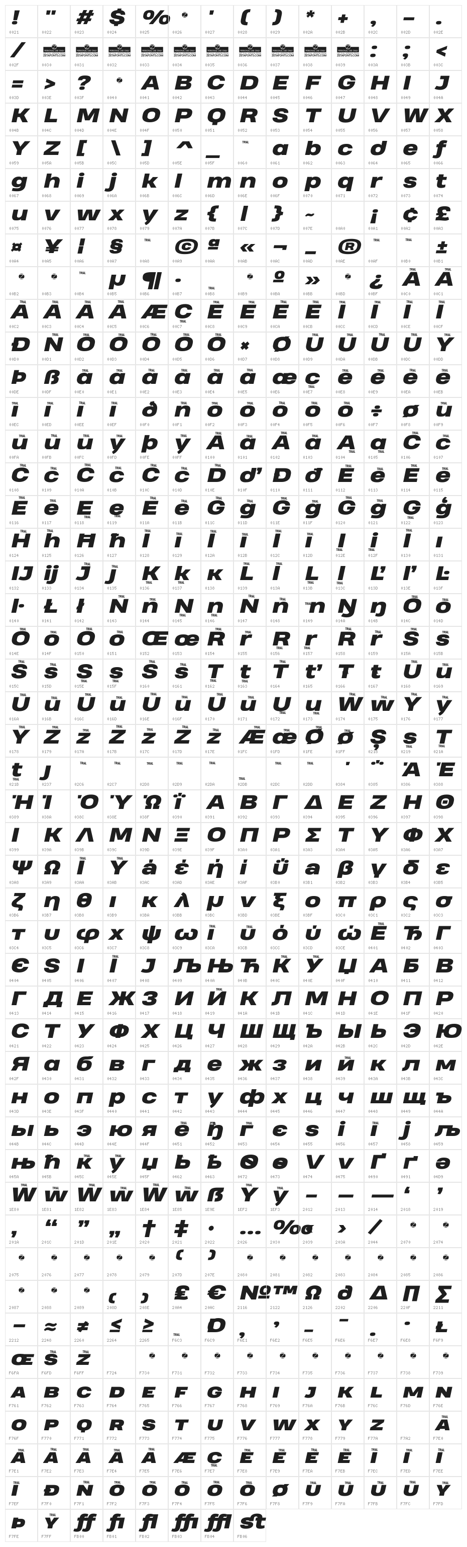 Heading Pro Wide Trial Heavy Italic Character Map