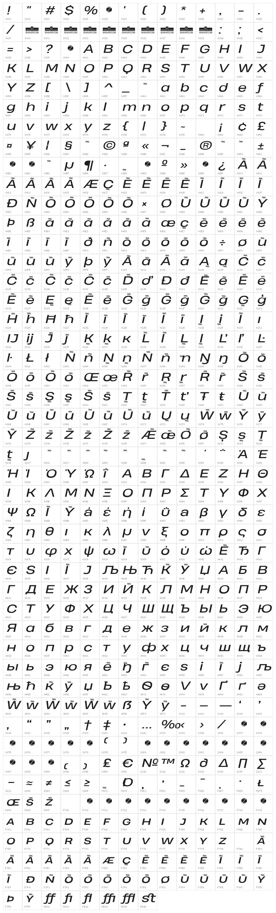 Heading Pro Wide Trial Italic Character Map