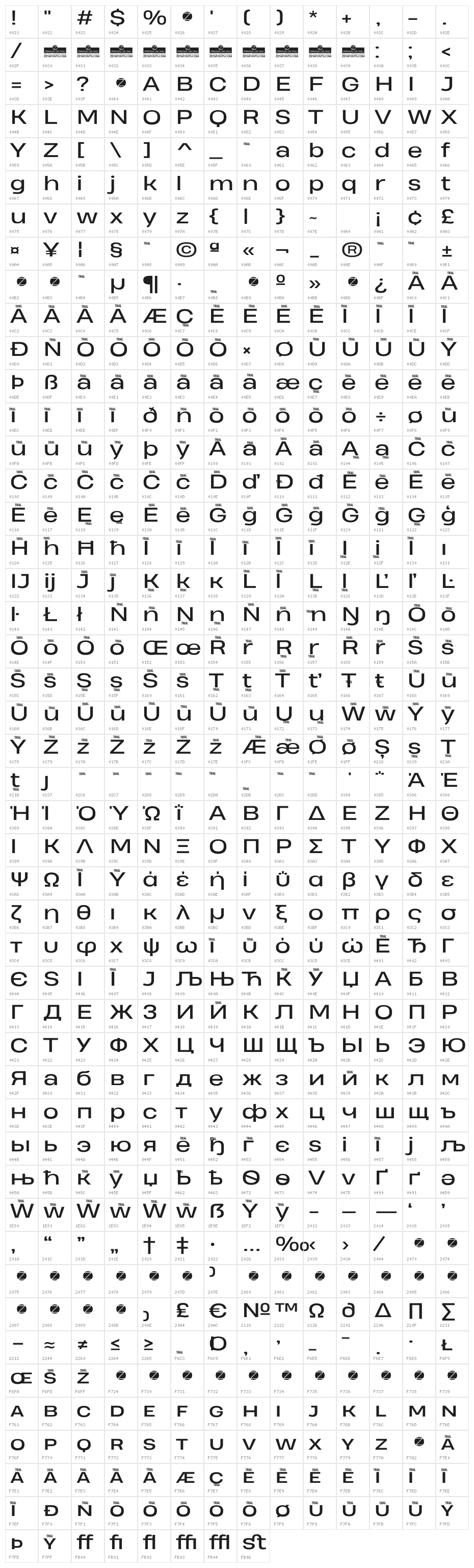 Heading Pro Wide Trial Regular Character Map