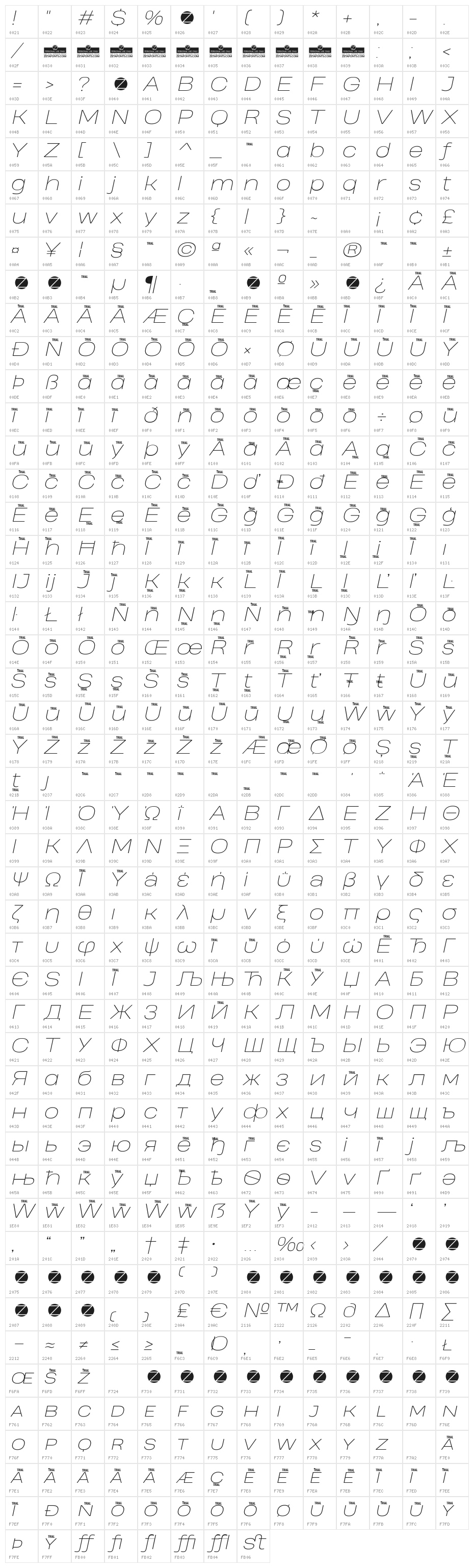 Heading Pro Wide Trial Thin Italic Character Map