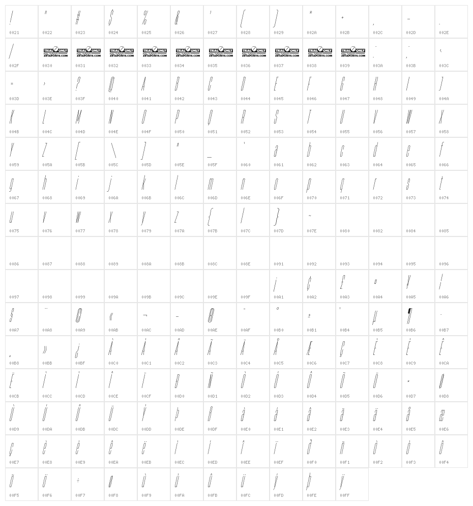HeadingNow Trial 01 Thin Italic Character Map