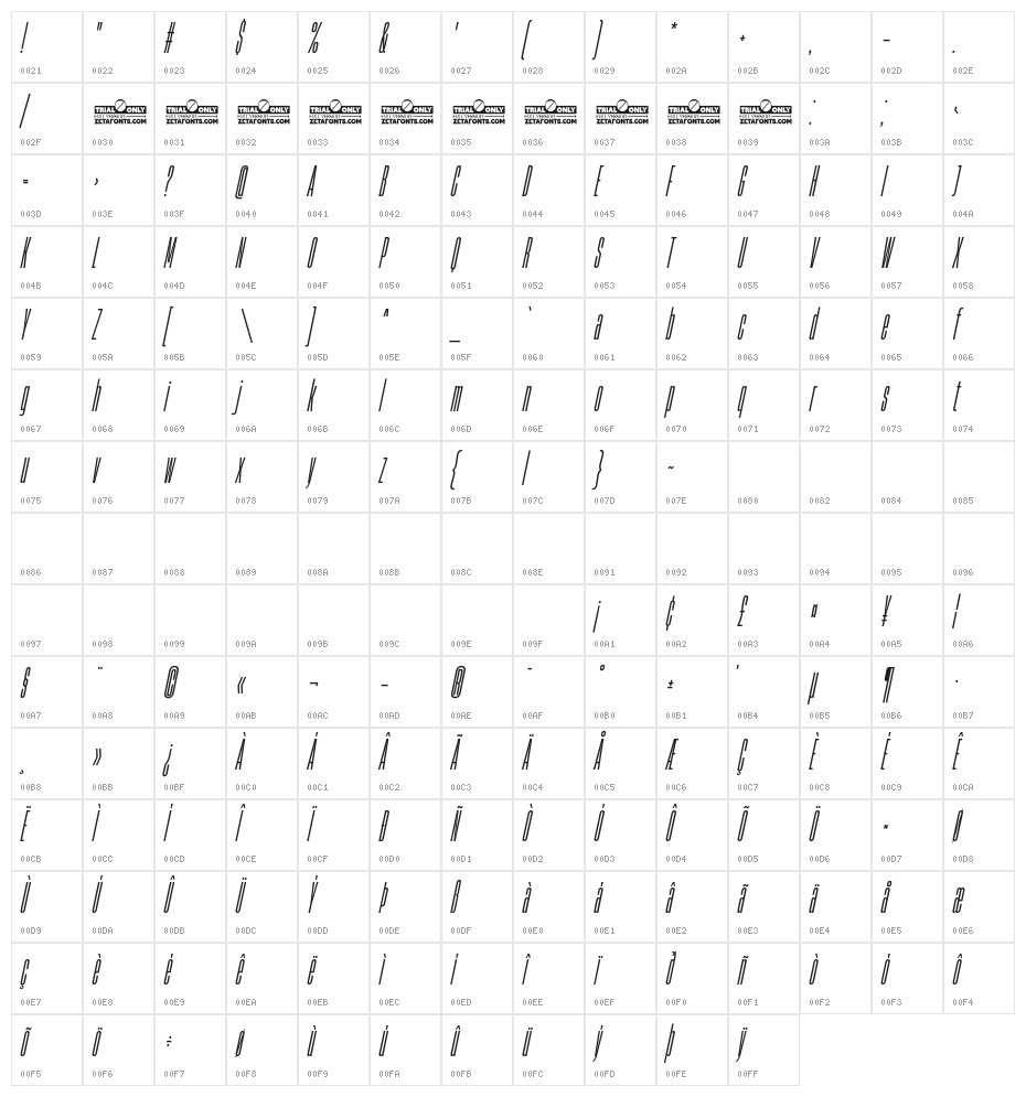 HeadingNow Trial 04 Regular Italic Character Map