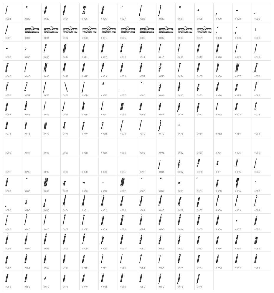 HeadingNow Trial 07 Extrabold Italic Character Map