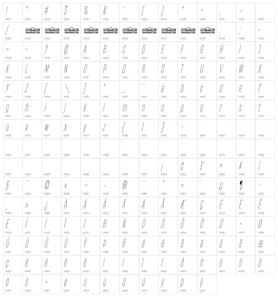 HeadingNow Trial 21 Thin Italic Character Map