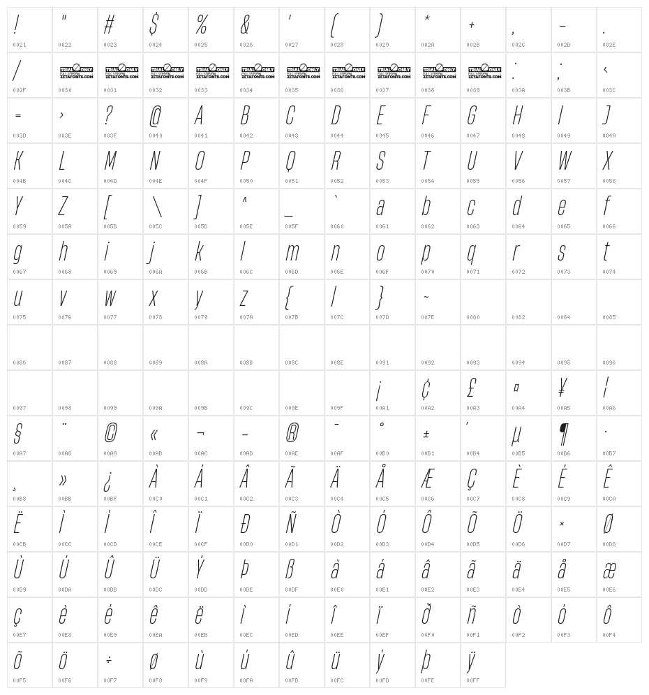 HeadingNow Trial 32 Light Italic Character Map